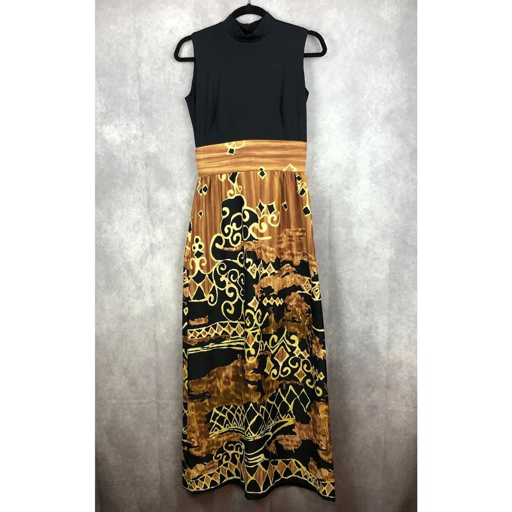 VTG Tori Richard Honolulu Maxi Dress Sleeveless Mock Neck Black Tan Cream Size 8